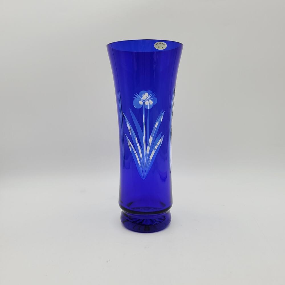 Vtg USSR Russian Badash Vase Cobalt Blue Cut to Clear Crystal Glass 10"